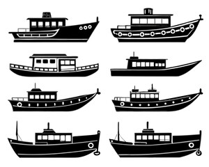 Obraz premium Collection of Six Black and White Boat Silhouettes: Simple, Stylish, Nautical Vector Graphics.
