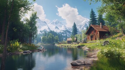 Naklejka premium Beautiful scenic mountain lake landscape with cabin and trees for wallpaper background hd nature view silhouette