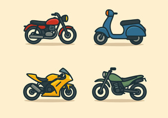 Obraz premium Four stylized illustrations of different motorcycles and scooters, showcasing classic, modern, and off-road designs.