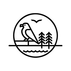 Serene Minimalist Bird Lakeside Scene:  Geometric Line Art, Peaceful Nature Illustration, Wildlife Logo Design.