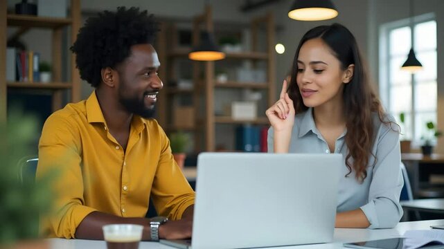 Happy African male employee converses with Latin colleague at work, smiling diverse team collaborates using laptop, sharing ideas in office, empty space on left side.