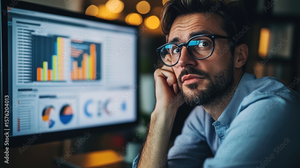 Poster man wearing glasses looks thoughtfully at the camera, sitting in front of a computer screen displayi