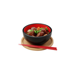 Bowl of Japanese stew, is set on a beige base, with a pair of red chopsticks laid to the side, transparent background
