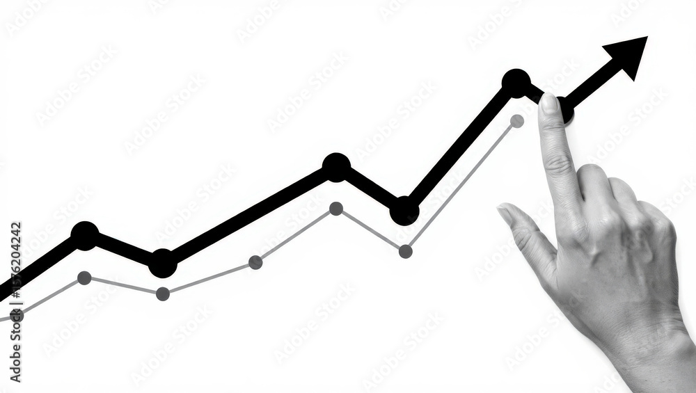 Poster black and gray line graph with an upward trend and a hand pointing towards the top representing grow