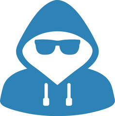Vector icon of an anonymous hacker wearing a blue hoodie and dark sunglasses, with a hidden face symbolizing secrecy, cybersecurity, and digital anonymity. Ideal for representing hacking threats, priv