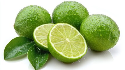 Fresh limes with leaves on white background.
