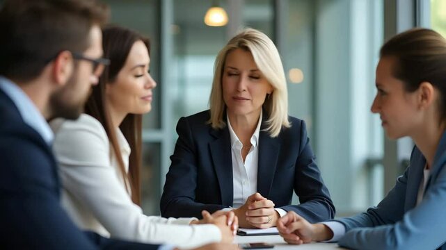 Middle-aged businesswoman CEO leading project management strategy discussion with diverse team in corporate meeting - stock photo concept with empty space