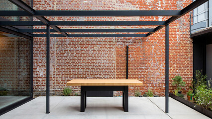 Modern Minimalist Patio:  Rustic Brick Wall,  Sleek Wood Table, Steel Pergola