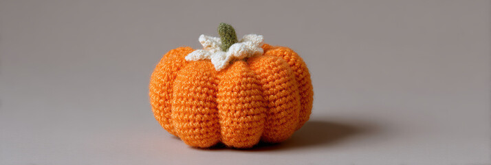 Crocheted pumpkin with white flower on top, set against neutral background