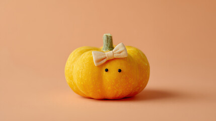 Cute pumpkin with tiny handmade bowtie on peach background