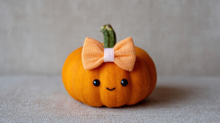 Cute pumpkin with tiny handmade bowtie on textured surface