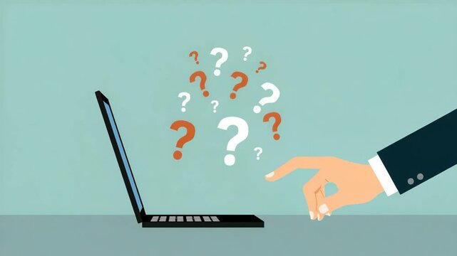 Flat Hand with Laptop and Floating Question Marks: Symbolizing Inquiry, Decision Making, and Problem Solving in a Digital Context - Simple Vector Illustration