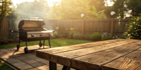 Backyard BBQ Scene Grill, Wooden Table, Summer Vibe, backyard, grill