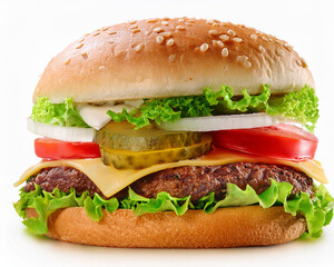 A delicious cheeseburger with beef, lettuce, and tomato on a sesame bun, isolated on a white background for your next fast-food meal