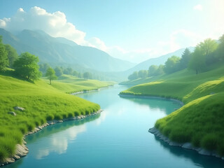 "A clean and calm river curving between two soft grassy banks, forest line on one side and open sky above, reflections on water surface and subtle wind ripples