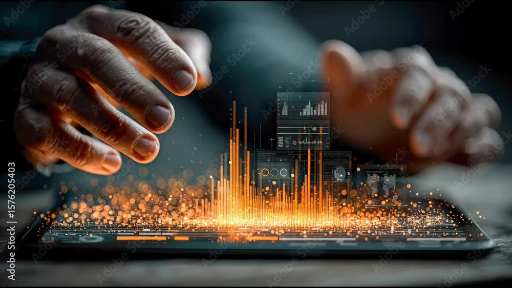 Poster hands interacting with a glowing digital tablet, with orange data bars and futuristic ui elements ri