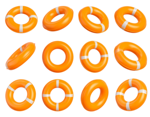 3D Inflatable swimming ring in orange icon set. Rubber pool toy. Swim lifesaver. Summ 