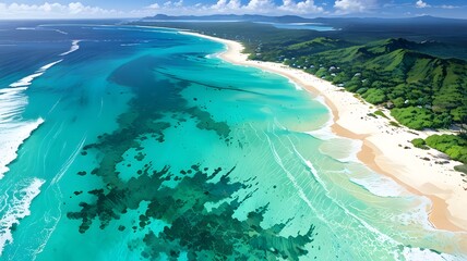 A pristine, secluded beach landscape, with vast stretches of pure white sand extending far, meeting the clear, turquoise ocean water. Gentle waves roll in and out, leaving delicate white foam 