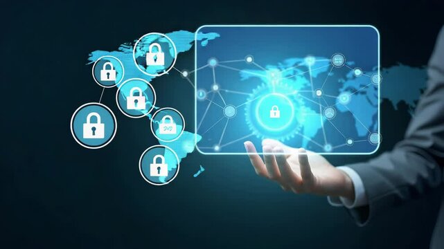 Flat Hand interacting with holographic EDI device displaying global data transfer digital security information exchange icons in empty space concept as Hand engages with holographic EDI device showcas