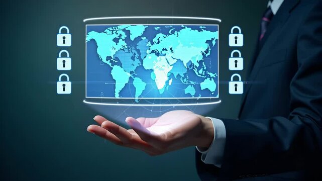 Flat Hand interacting with holographic EDI device displaying global data transfer digital security information exchange icons in empty space concept as Hand engages with holographic EDI device showcas