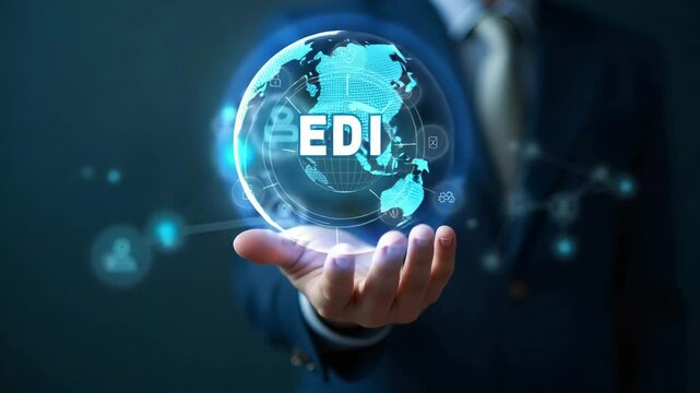 Flat Hand Interacting with Holographic EDI Device Showcasing Global Data Transfer & Digital Security Icons in Empty Space - Simple Cute Vector Illustration for Smart Business