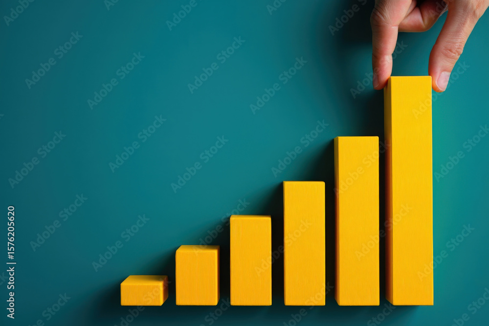 Poster building success a hand placing a yellow block on top of a rising bar graph on a teal background rep
