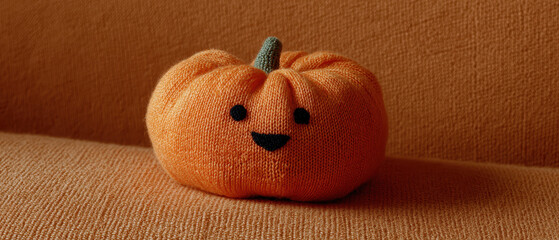 Cute knitted pumpkin on orange fabric background, smiling face