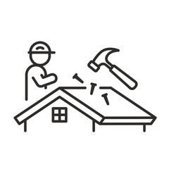 Roof worker icon. Linear vector illustration. Roof inspection service. Simple symbols. Maintenance with inspection. Hammer with nails. Roofer profession.
