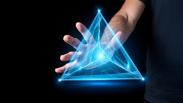 Hand interacting with a glowing blue geometric network structure on a dark background