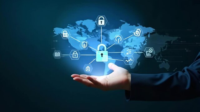 Flat Hand Interacting with Holographic EDI Device Showcasing Global Data Transfer & Digital Security Icons in Empty Space - Simple Cute Vector Illustration for Smart Business