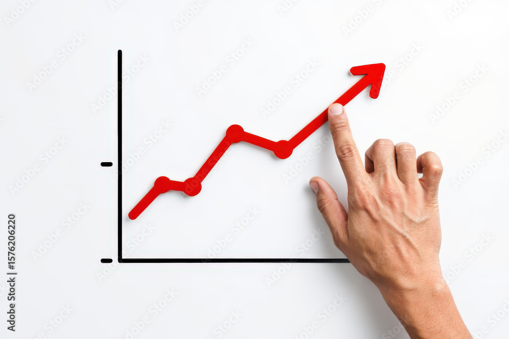 Poster ascending trajectory a hand guiding a red arrow on a graph depicting growth and progress on a whiteb