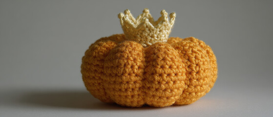 Crochet pumpkin with tiny crown on top, showcasing cute and cozy design