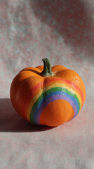 Colorful pumpkin with rainbow design on pink background