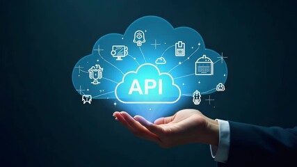 Flat Hand Interacting with Holographic API Interface: Cloud Computing, Global Network, Security Icons - Integration & Development in a Smart Business Concept