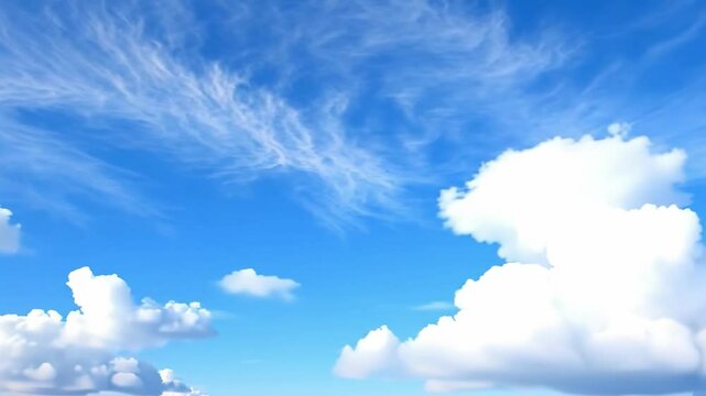 A clear blue sky interspersed with fluffy white clouds and some wispy cirrus formations
