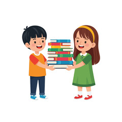 Happy children collaboratively carrying a stack of colorful books.