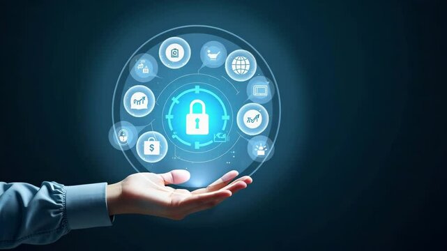 Flat Hand holding holographic Zero Trust security model interface surrounded by cybersecurity network access security icons symbolizing Zero Trust principles and secure network in empty space concept 