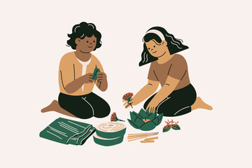 Illustration of People Making Krathongs