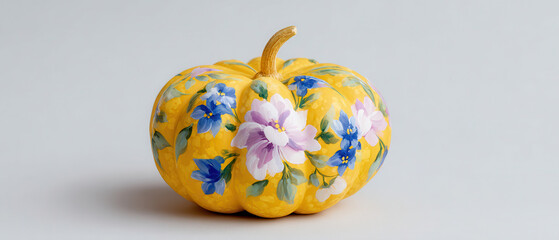 Colorful pumpkin with hand painted floral patterns on light background
