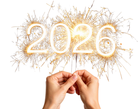  Hand Holding Sparkler with Exploding Golden Glitter and 2026 Text - Powered by Adobe