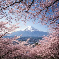 Cherry Blossom Festival Celebrates Springtime Beauty Near Mount Fuji, Japan - Captivating Landscape Photography in a Serene Environment with Stunning Views