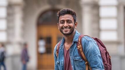 Obraz premium Smiling student with backpack outside building. College life and higher education concept. The young man is wearing casual clothes.