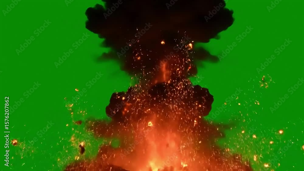 Aufkleber fiery explosion with debris on green screen background for visual effects compositing