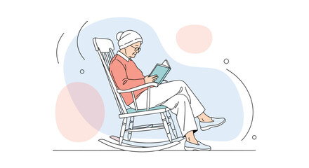 Elderly woman relaxing in a rocking chair reading a book peacefully