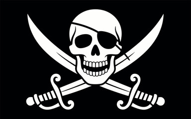 Classic white pirate skull and crossbones flag with swords on black background