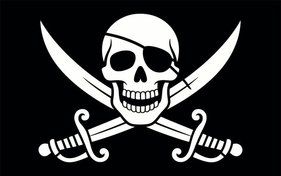 Classic white pirate skull and crossbones flag with swords on black background