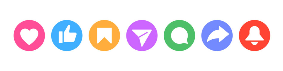 Full set of icon buttons for social media reactions. Thumbs up and love heart flat icon in modern circle, Social media notification icons. emoji post reactions set