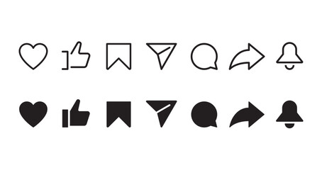Set of generic social media user interface icons. Like, comment, share and save icons