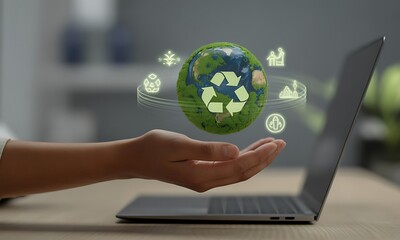 Globe with Recycle Symbol Held by Hand Near Laptop in Neutral Tone Workspace
