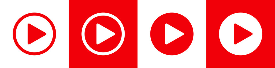 Flat style red play button icon. Start sign. Play music or sound vector element for UI UX, website, mobile app